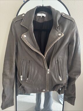 IRO Brown Leather Biker Jacket with Asymmetric Zip